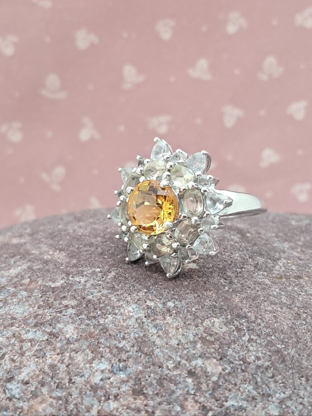 Vintage 925 Silver Citrine White Topaz & Natural Zircon Flower Halo Cluster Ring
